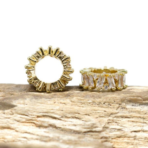 Gold Plated Micro Pave 11x4mm Baguette Rondelle - 6.5mm Hole