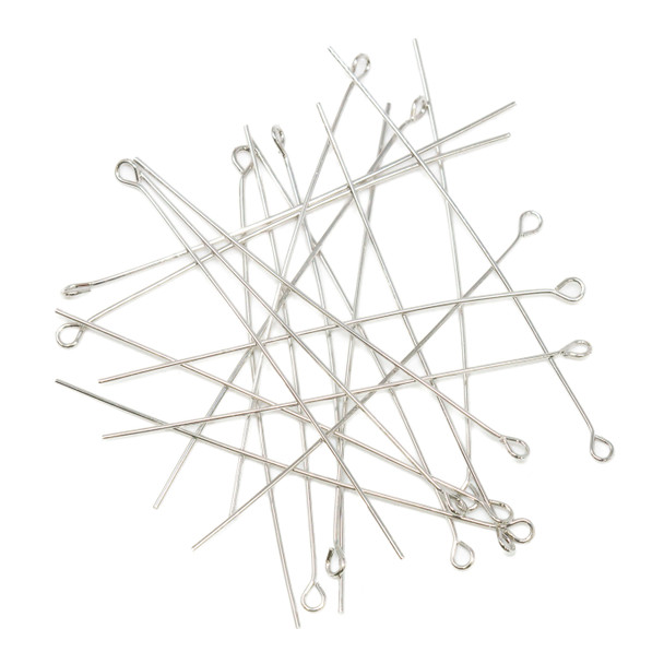 Platinum Plated 50mm 24 Gauge Long Eye Pins - 20 Pieces