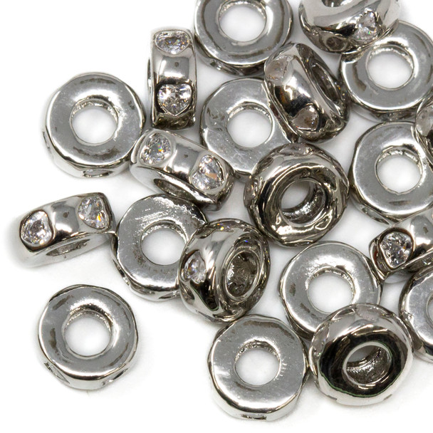 Silver Plated Micro Pave 6mm Heart Rondelle Bead