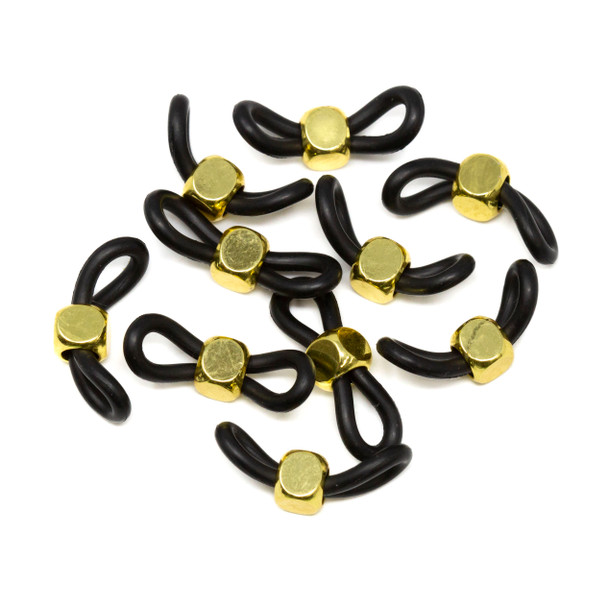 Black Rubber Eyeglass Holders with Gold Cube Adjuster Bead  - 5 Pair