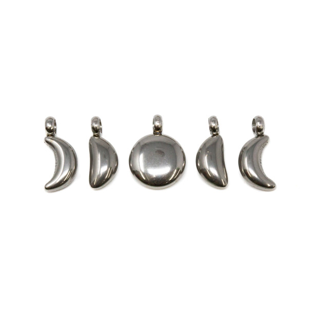 Stainless Steel Moon Phase Charms - 5 Pieces