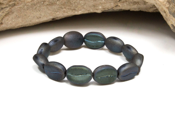 Czech Glass 11x8mm Coffee Bean Beads - Metallic Icy Blue Green Satin