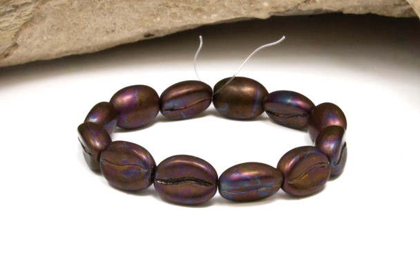 Czech Glass 11x8mm Coffee Bean Beads - Metallic Purple Blue Bronze Satin Finish