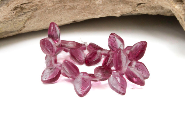 Czech Glass 12x8mm Medium Leaf Beads - Fuschia Crystal Transparent Mix
