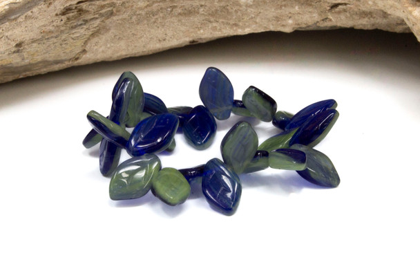 Czech Glass 12x8mm Medium Leaf Beads - Cobalt Sage Green Opaque Mix