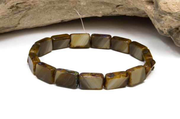 Czech Glass 12x8mm Rectangle Beads - Ivory Army Green Opaque Mix Picasso