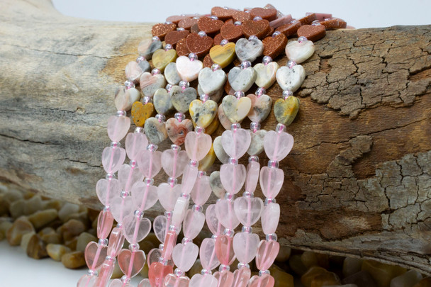 Rose/Cherry Quartz, Goldstone, Rhodonite, Crazy Lace Agate 8mm Flat Heart