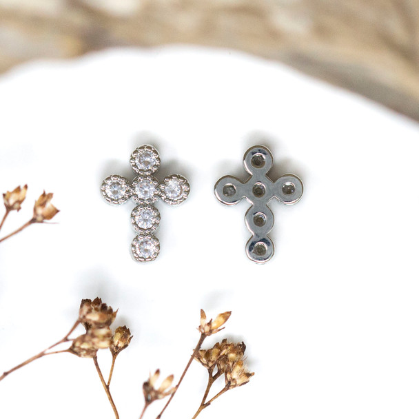 Silver Plated Micro Pave 9x11mm Cross Bead
