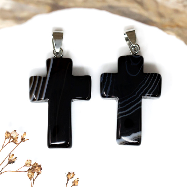 Silver Plated Black Stripe Agate Polished 22x32mm Cross Pendant