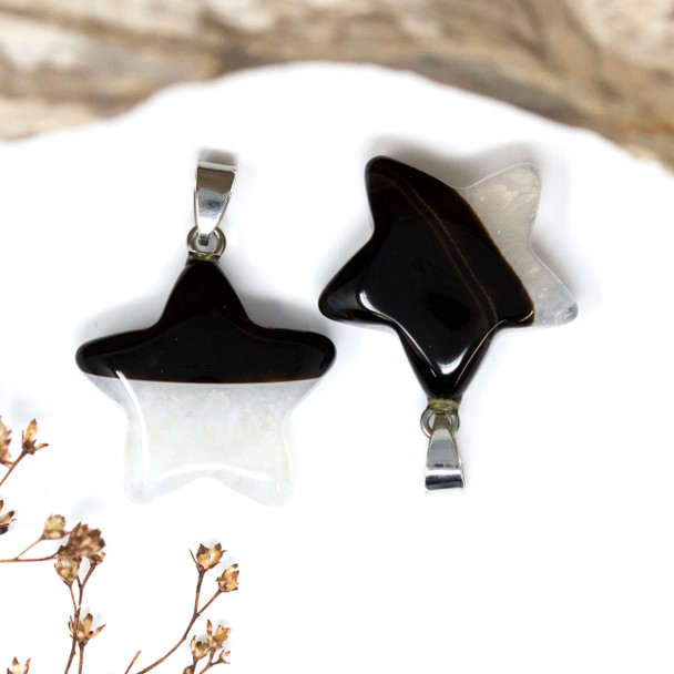 Silver Plated Black Stripe Agate Polished 24mm Star Pendant
