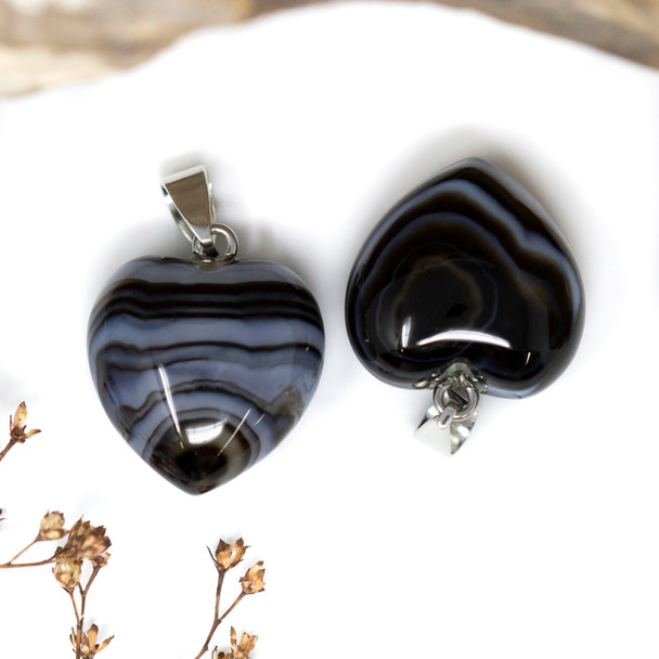 Silver Plated Black Stripe Agate Polished 20mm Heart Pendant