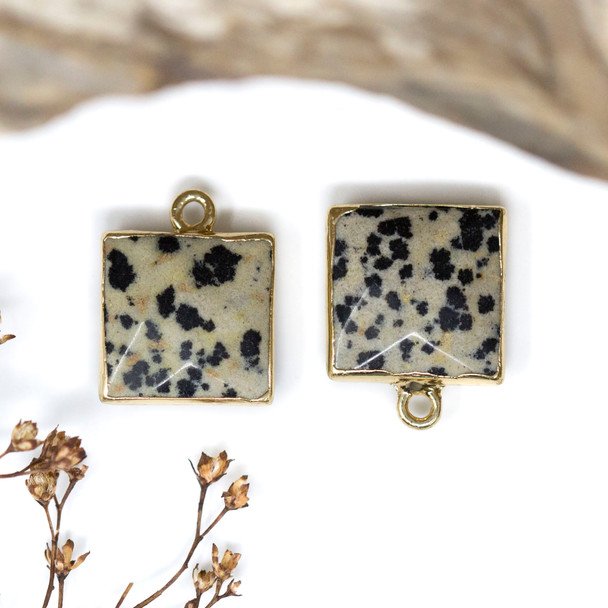 Gold Plated Dalmatian Jasper Polished 14mm Faceted Square Pendant