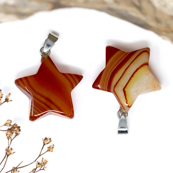 Silver Plated Orange Striped Agate Polished 24mm Star Pendant