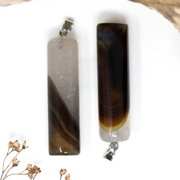 Silver Plated Brown Agate with Quartz Polished 12x50mm Pendant