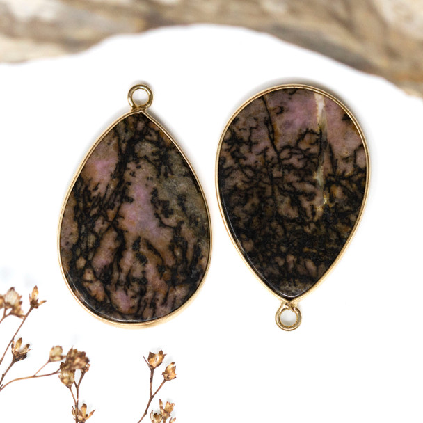 Gold Plated Rhodonite Polished 39x25mm Flat Drop Pendant