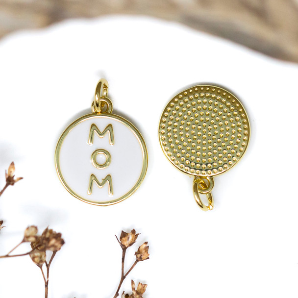 Gold Plated White Enamel 14mm MOM Charm