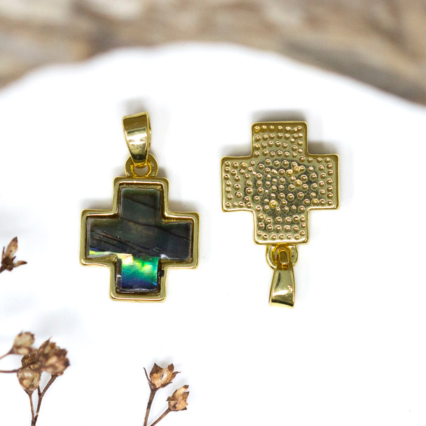 Gold Plated Abalone Polished 13mm Square Cross Charm