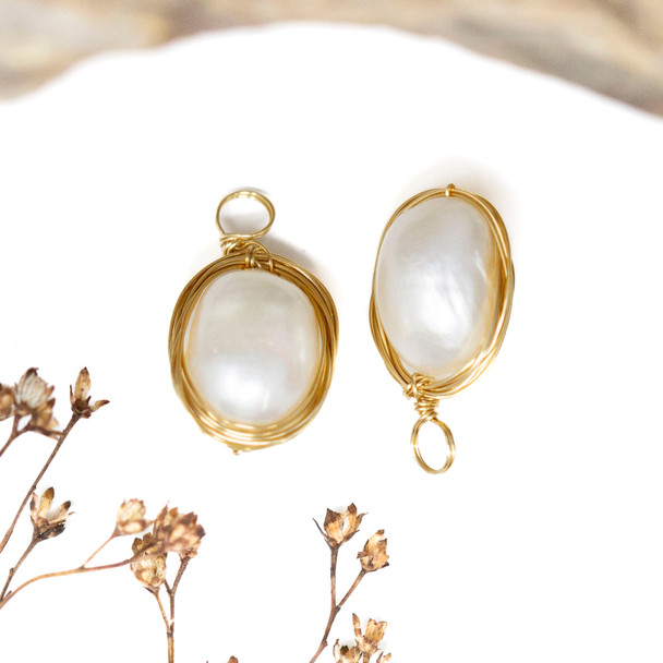 Gold Plated Wire Wrapped Freshwater Pearl Polished 20x10mm Charm