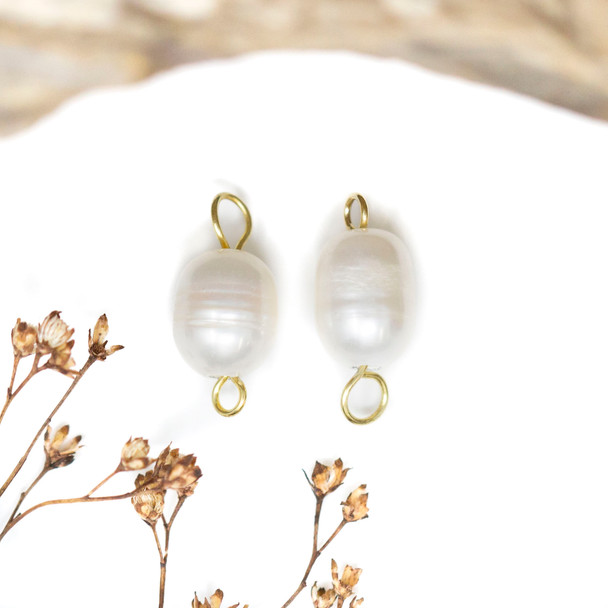 Gold Plated Wire Wrapped Freshwater Pearl Polished 8x15mm Charm / Connector