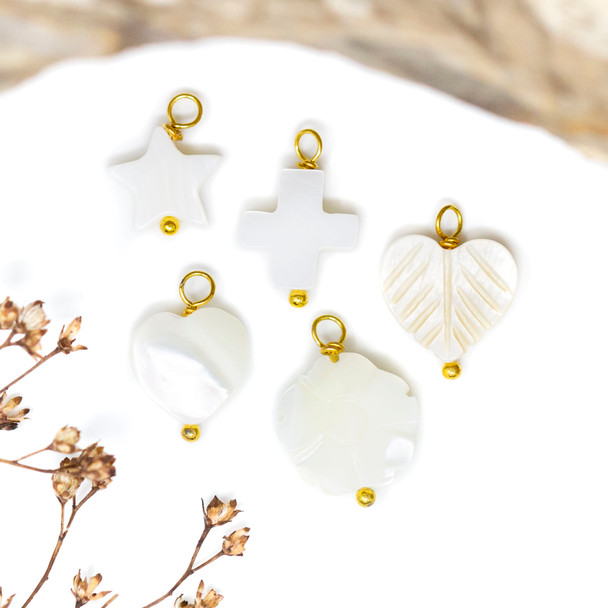 Gold Plated Mother of Pearl Charms - 5 Pieces - Heart, Leaf, Star, Flower, Cross