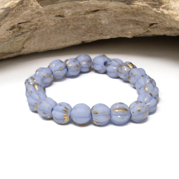 Czech Glass 8mm Large Hole Melon Beads - Periwinkle Matte Gold Finish
