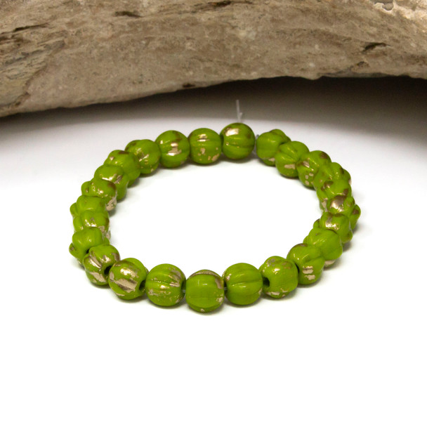 Czech Glass 6mm Large Hole Melon Beads - Avocado Gold Finish