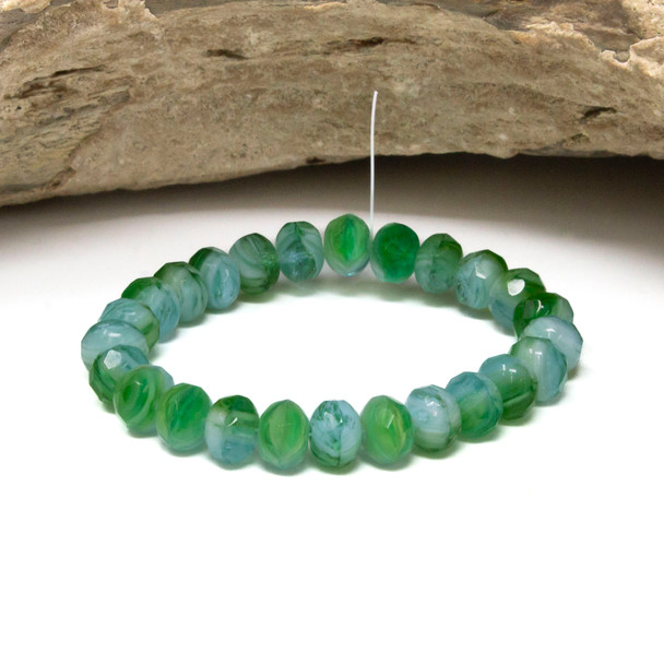 Czech Glass 7x5mm Faceted Rondelle Beads - Emerald White Opaque Crystal Mix Transparent