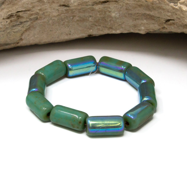 Czech Glass 14x7mm Large Hole Tube Beads - Tiffany Green Picasso AB