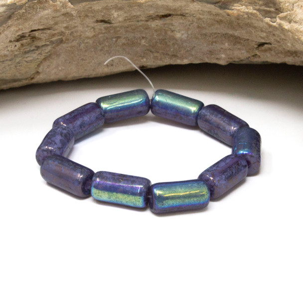 Czech Glass 14x7mm Large Hole Tube Beads - Thistle Luster AB Finish
