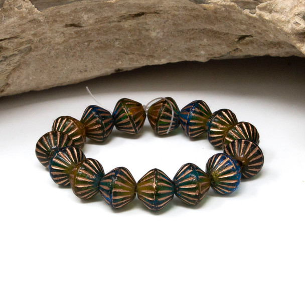 Czech Glass 9mm Tribal Bicone Beads - Teal Amber Emerald with Bronze Finish
