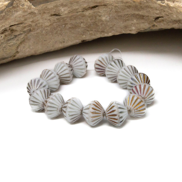 Czech Glass 9mm Tribal Bicone Beads - White with Volcano Wash