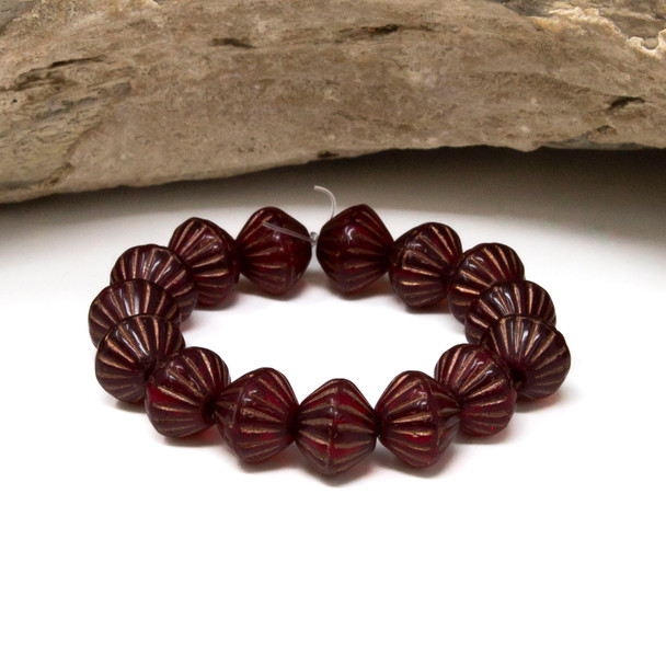 Czech Glass 9mm Tribal Bicone Beads - Ruby Red with Copper Finish