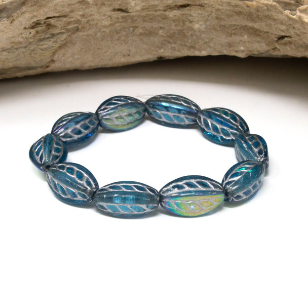 Czech Glass 15x9mm Twisted Oval Beads - Sky Blue AB Silver Wash