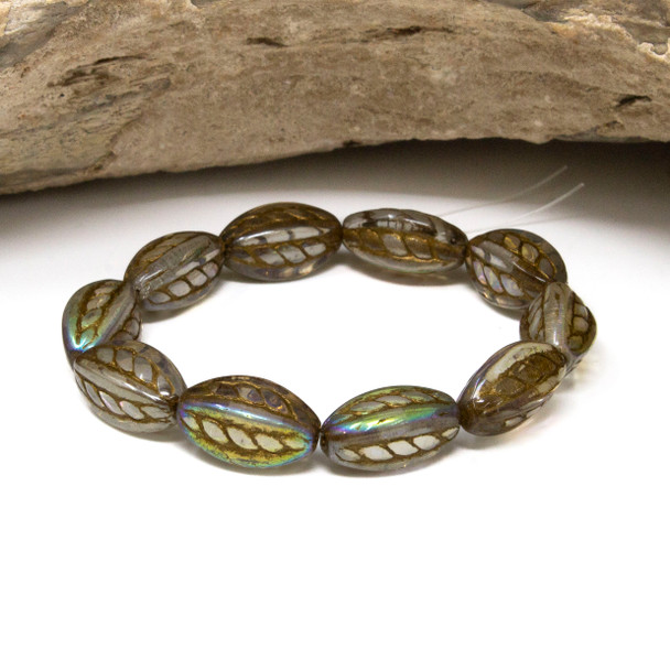Czech Glass 15x9mm Twisted Oval Beads - Transparent Gold Luster Gold Wash