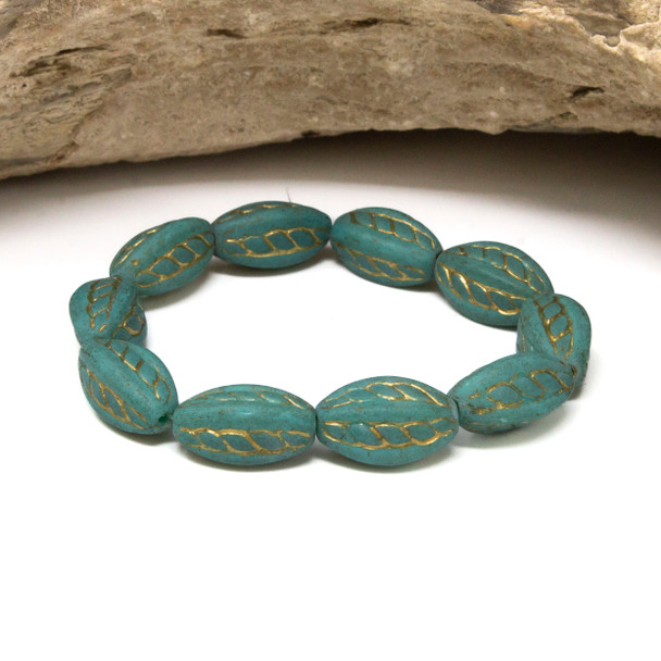 Czech Glass 15x9mm Twisted Oval Beads - Sea Green Matte Gold Wash