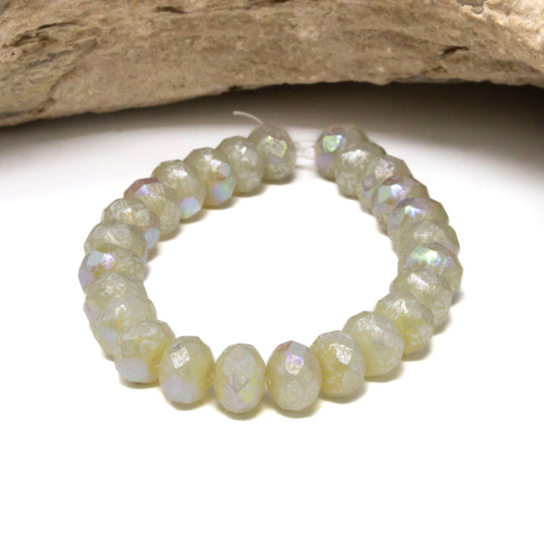 Czech Glass 6x8mm Faceted Rondelle Beads - Ivory with Mercury & AB Finish