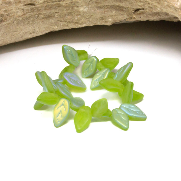 Czech Glass 10x6mm Small Leaf Beads - Transparent Olive Green Matte AB Finish
