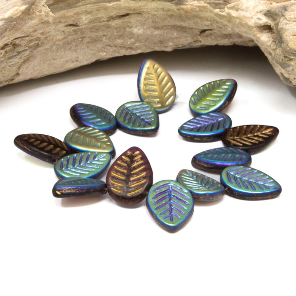 Czech Glass 12x16mm Dogwood Leaves - Thistle AB Finish Gold Wash