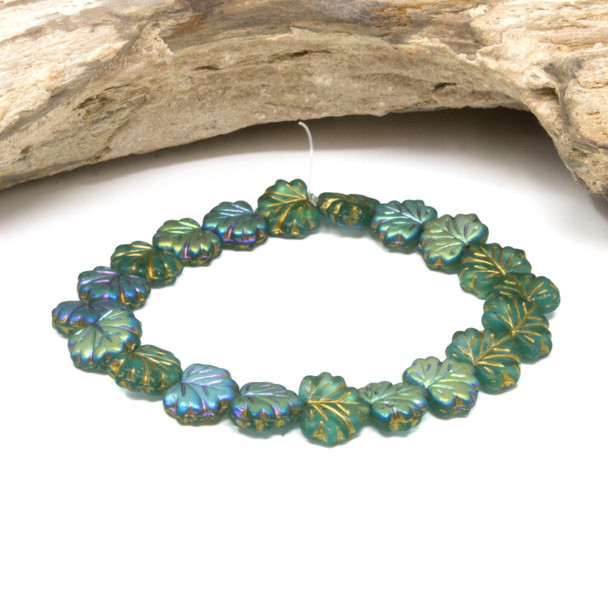 Czech Glass 10x13mm Maple Leaf Beads - Sky Blue Matte AB Gold Wash