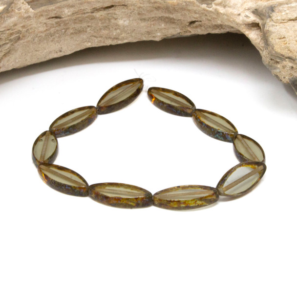 Czech Glass 18x7mm Pointed Oval Spindle Beads - Transparent with Picasso Finish