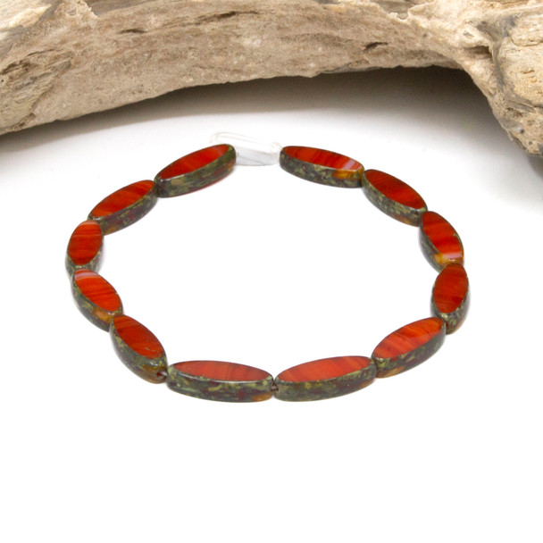 Czech Glass 6x16mm Pointed Oval Spindle Mini Beads - Ladybug with Picasso Finish