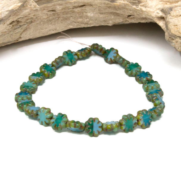 Czech Glass 9mm Cactus Flower - Sea Green Sky Blue Picasso