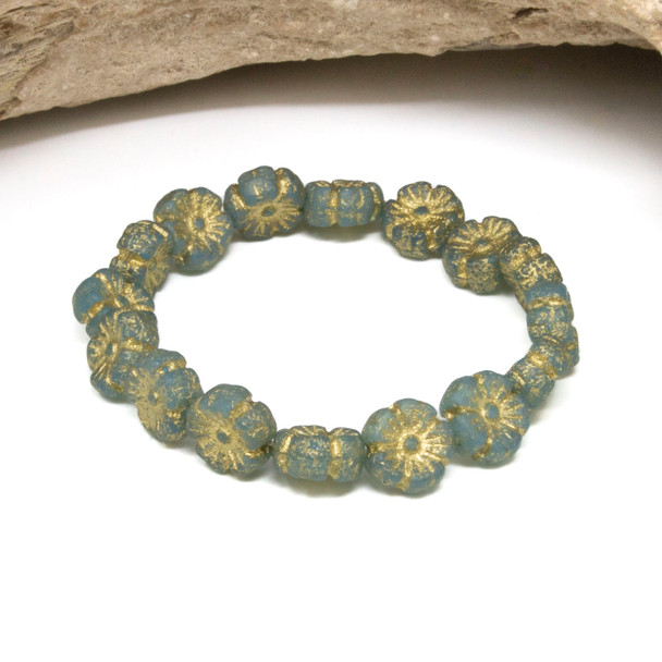 Czech Glass 9mm Hibiscus Flower Beads - Sky Blue Etched with Gold Wash