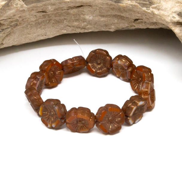 Czech Glass 12mm Hibiscus - Orange White Bronze Finish