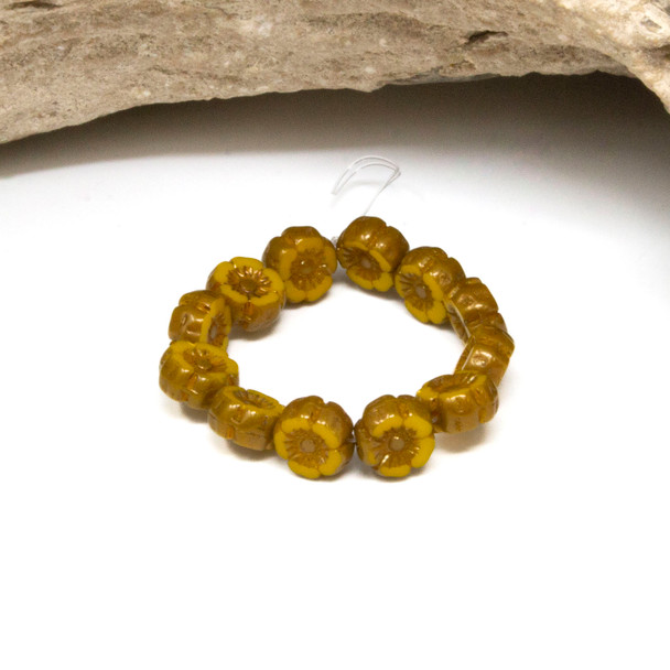 Czech Glass 7mm Hibiscus Flower Beads - Yellow Opaque with Light Bronze Finish