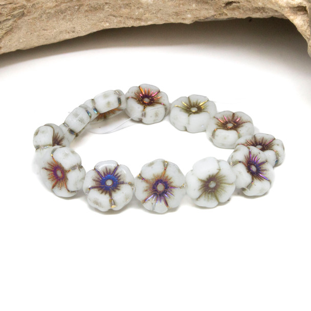 Czech Glass 12mm Hibiscus - Cloudy White with Metallic Volcano Wash