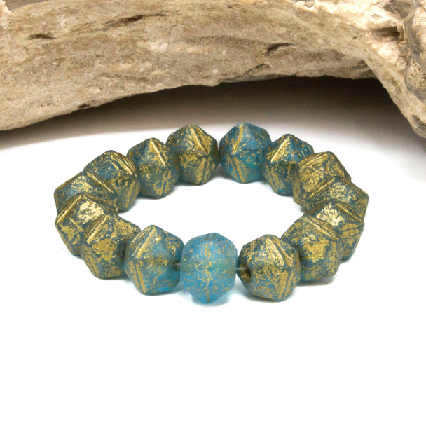 Czech Glass 10mm English Cut Round - Sky Blue Etched Finish Gold Wash