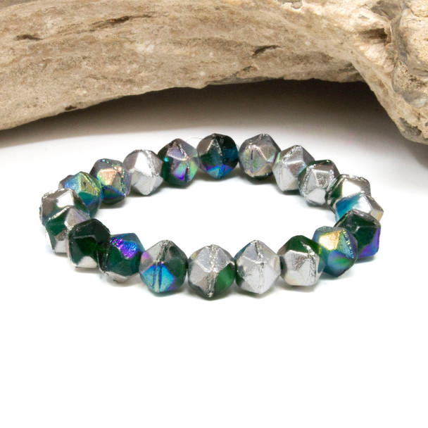 Czech Glass 8mm English Cut Round - Malibu Blue Emerald Baby Blue AB & Silver Finish