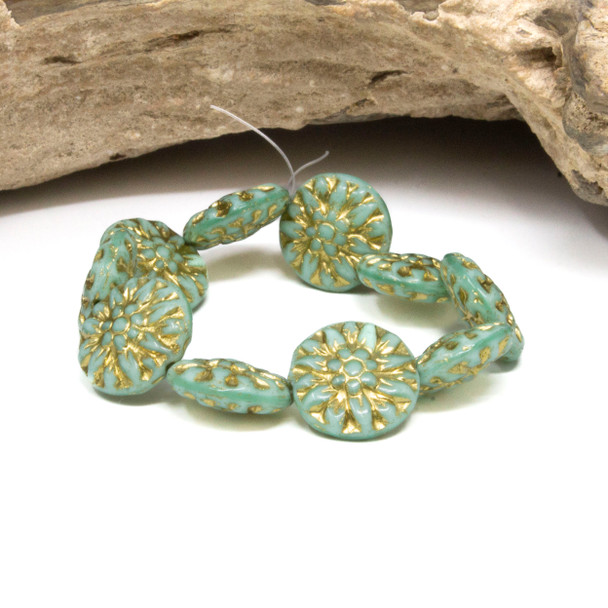 Czech Glass 14mm Dahlia Flower - Mint Wash Green Gold