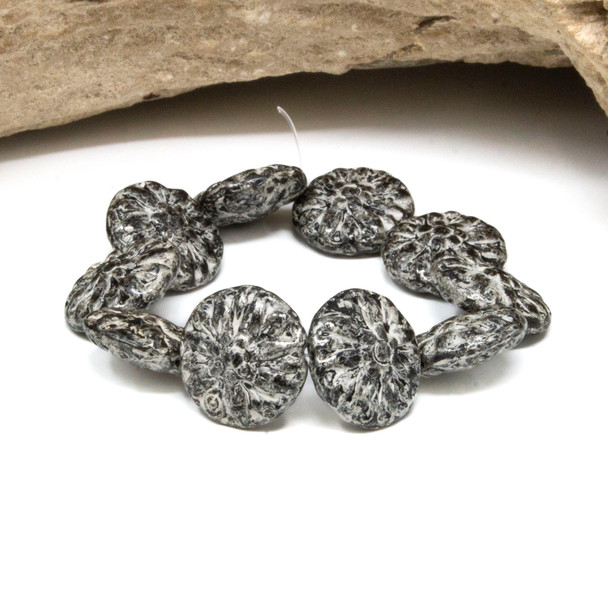 Czech Glass 14mm Dahlia Flower - Antique Silver White Wash
